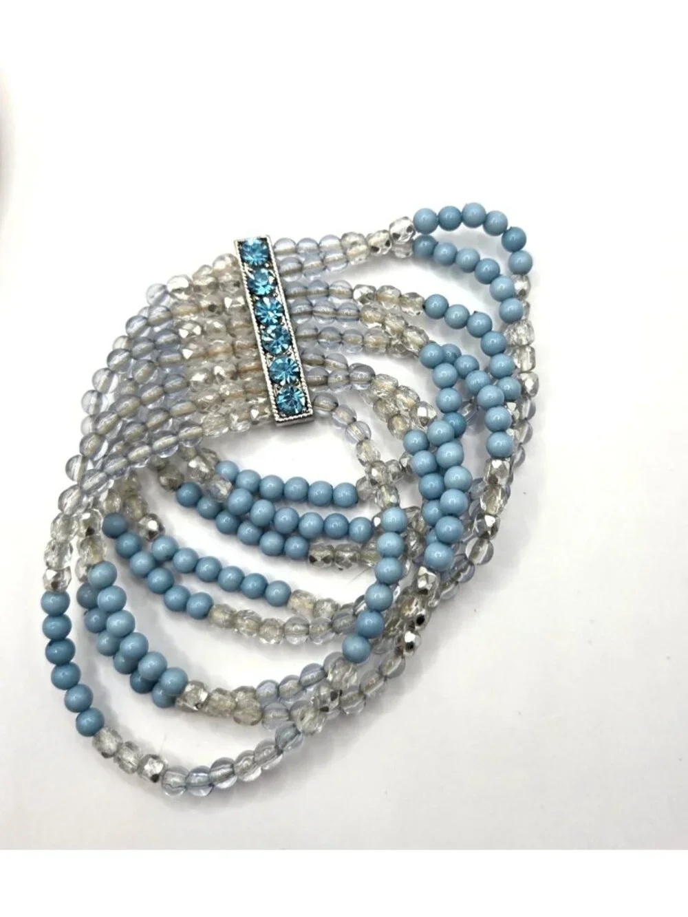 Blue & Clear Multi-Strand Beaded Bracelet With Rhinestone Accents